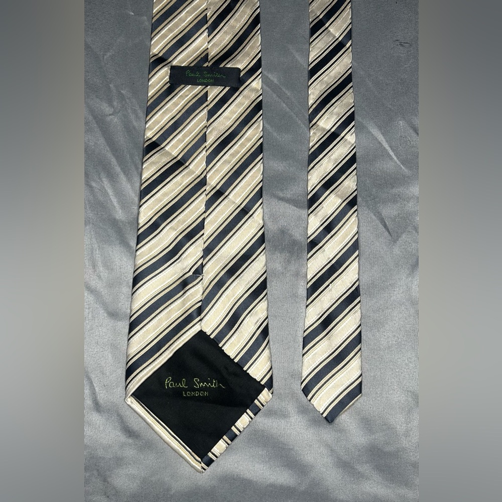 Men’s Paul Smith Vintage Vtg 90s Blue Cream Striped Silk Italy Designer Tie - Picture 3 of 5
